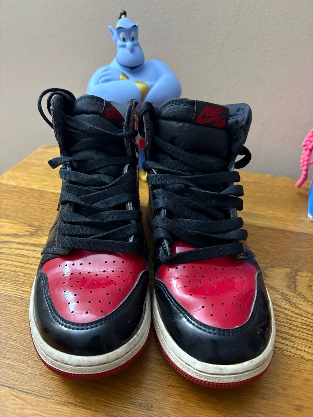 Nike, Air Jordan, family, red and black patent leather sneaker. Big kid 5.5, W7.